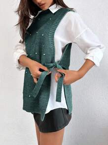 EURMUSE Round Neck Sleeveless Sweater With Pearls - Dark Green - View 5