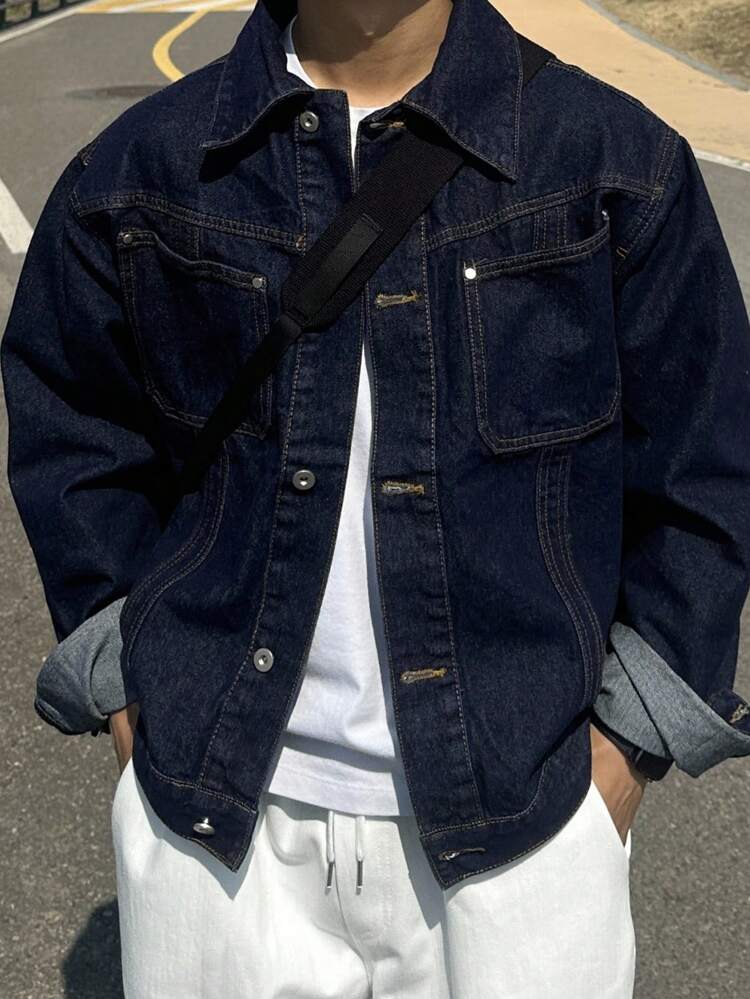 Men's Solid Color Denim Jacket, Autumn,Back To School Clothes