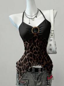 SHEIN EZwear 印花网眼复古豹纹波西米亚风女式吊带背心，Grunge，Y2K，适合街头潮流 - 彩色 - 查看 3