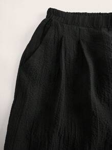 SHEIN Essnce 大码女装春夏时尚休闲宽松舒适透气日常黑色纹理面料弹力腰阔腿裤七分裤，宽松裤，休闲裤，工作裤，机场裤，秋季款 - 黑色 - 查看 6