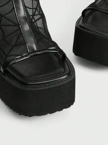 Sugerpunk Women's Fashion Lightweight Square Toe Thick Bottom Wedge Slippers Punk Style Mesh Embroidery Thick High Heel Open Toe Slip-On Sandals, Comfortable Breathable Casual Party Wear For Christmas - Black - View 3