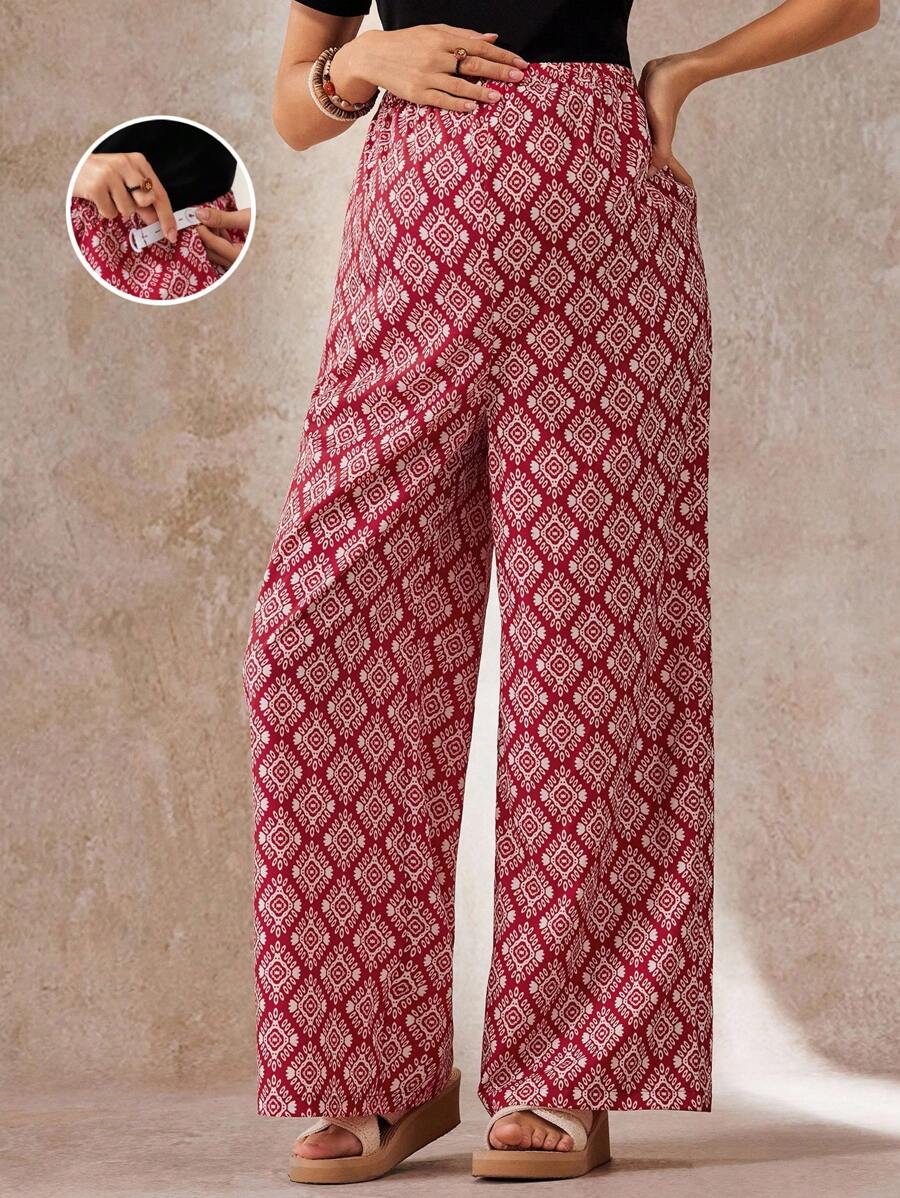 Boho Mama 孕妇全印花直筒休闲裤 - 紅色 - 查看 1