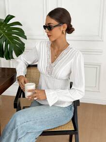 Serisse Women's French Solid Colour Lace V-Neck Long Sleeve Fashionable Shirt Cute Top  Fall Clothes For Women  Going Out Tops Women  Kawaii White Summer Casual White - White - View 4