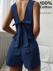 Siren Gaze Ensemble 2 pièces femme, Top sans manches avec nœud dans le dos et short, couleur unie, style décontracté