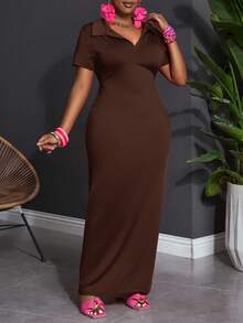 Slaydiva 女士大码休闲百搭夏季日常简约休闲修身高弹力Polo领短袖连衣裙棕色长款连衣裙巧克力棕色连衣裙棕色连衣裙长款棕色连衣裙棕色紧身连衣裙 - 棕色 - 查看 9