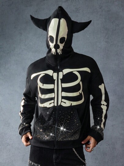 Goth Herren Sweatshirt mit funkelndem Diamant-Grafik-Muster, locker geschnitten, verkürzt, Herbst