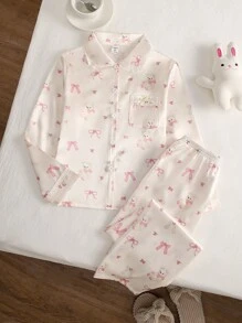 Girls' Loose Fit Pink Bear Print Cardigan & Pants Pajama Set, White Base Bow Pajama Set Girls Pajama Set - White - View 1