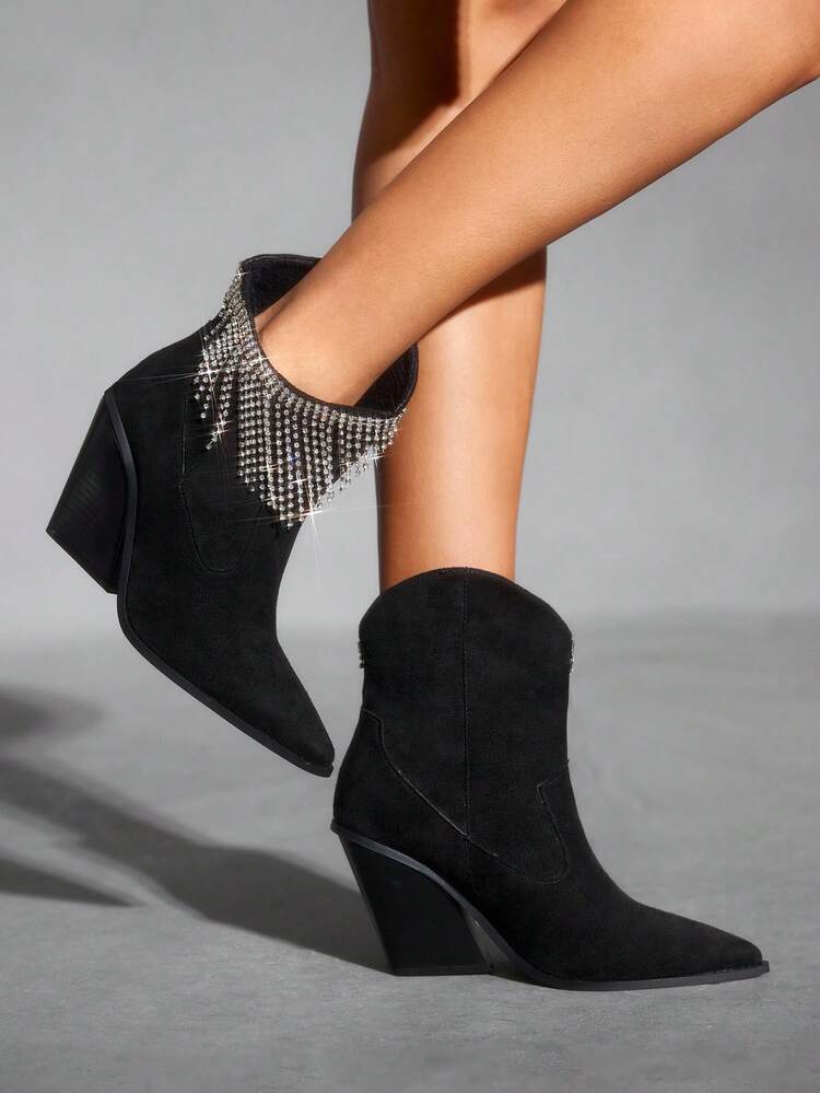 CUCCOO SZL Women's Tie-Dye Chunky Heel Slip-On Rhinestone Tassel Fashion Asymmetrical Mid-Calf Boots, Black