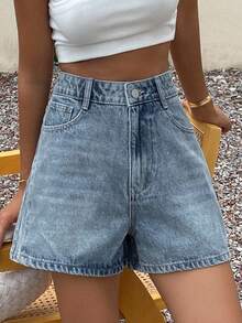 Livesso 女士休闲高腰宽松牛仔短裤，适合通勤和日常穿着，夏季 - 藍色 - 查看 6