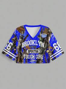 Slaydiva 女士休闲 66 针织 V 领宽松短款 5/短袖网眼 T 恤，带星星和字母图案，适合夏季和运动游戏