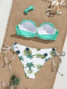 Swim Mod Women's Summer Beach Wave Print Ruched Sexy Bikini Set (With Underwire, Push-Up) - Mint Green - View 2