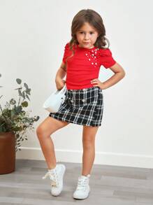 SHEIN Solid Color Casual Short Sleeve Pearl Beaded Ruffle Sleeve T-Shirt For Young Girl