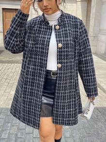 INAWLY 大码女式格子长袖单排扣休闲外套秋冬女装 - 黑色 - 查看 5