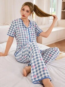 SHEIN Blue & White Plaid Bow Decor Short Sleeve Women Pajama Set - Multicolor - View 4