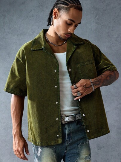 Street Life Camicia di jeans casual da uomo a manica corta, con collo a risvolto e una tasca, chiusura monopetto