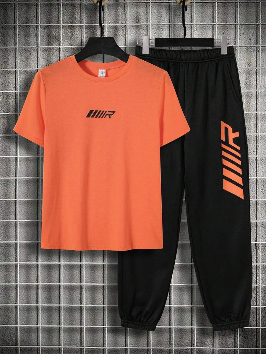 SHEIN Tween Boys'Burnt Orange T-Shirt & Black Sweatpants Set,Sporty Casual Summer Vacation Activewear,Collegiate Style Soft Fabric 2pcs Athletic Outfit