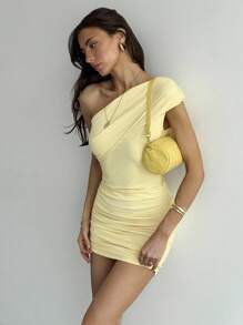 Aloruh Vestido Curto Amarelo Mulheres Sólido Franzido Bodycon, Verão, Roupas de Clube Mulheres Sexy