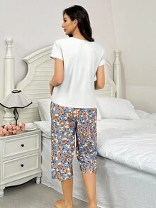 SHEIN 撞色口袋花卉印花短袖和七分裤套装 - 彩色 - 查看 2