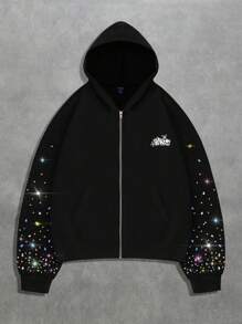 ROMWE MEN Street Life Men's Sequin Diamond Zipper Hoodie Sweatshirt - Black - View 1