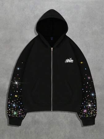 Street Life Sudadera con capucha con cremallera y diamantes de lentejuelas para hombre