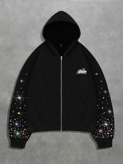 Street Life بلوزة هوديArجواك ذات سحاب مرصعة بالترتر والألماس للرجال