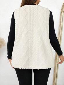 SHEIN LUNE 大码女式休闲毛绒纹理双口袋前开背心，适合秋季大码秋装 - 白色 - 查看 2