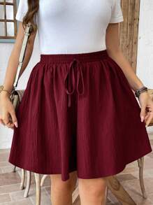 SHEIN LUNE Quần short nữ mùa hè thường ngày đơn giản màu trơn vải họa tiết buộc eo, quần short rộng màu đỏ tía, quần short màu hạt dẻ, quần short ống rộng, quần short nữ mùa hè, quần short thường ngày - Màu Đỏ Sâu - Xem 4