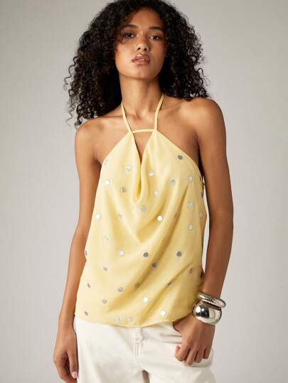AiiRZ Chiffon Halter Top With Silver Metallic Polka Dots Summer Sleeveless Blouse Evening Party Cocktail Festival Holiday Occasion Wear