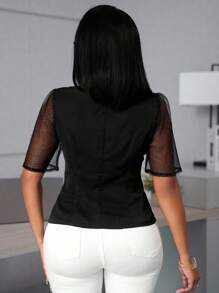 Lyxana Camisa de mujer casual de encaje de viscosa con abertura frontal y mangas 3/4, cintura ajustada, de uso versátil para el día a día, para primavera/verano