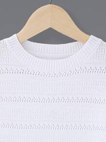 SHEIN 少女圆领长袖网眼针织毛衣 - 白色 - 查看 8
