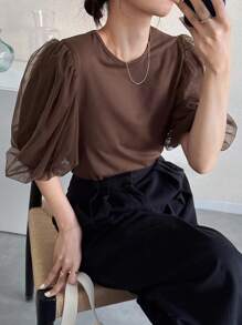 FRIFUL 女士纯咖啡棕色圆领网眼拼布休闲百搭短袖 T 恤 - 咖啡棕 - 查看 6