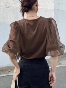 FRIFUL 女士纯咖啡棕色圆领网眼拼布休闲百搭短袖 T 恤 - 咖啡棕 - 查看 4