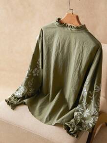 Elaquor 大码花卉印花长袖衬衫 - 軍綠色 - 查看 3