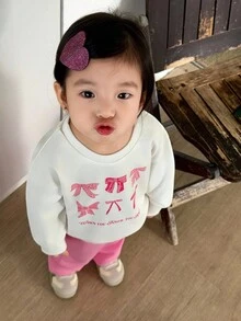女婴日常休闲蝴蝶结印花圆领运动衫和裤子套装 - 彩色 - 查看 3