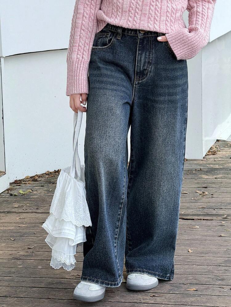 Tween Girls' Pocketed Wide Leg Loose Casual Versatile Jeans