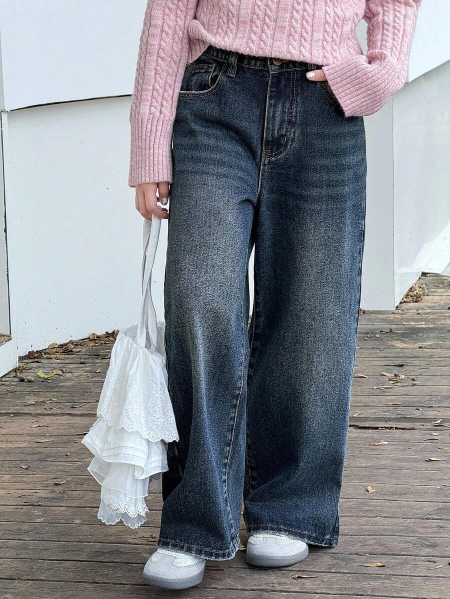 DAZY Tween Girls' Pocketed Wide Leg Loose Casual Versatile Jeans