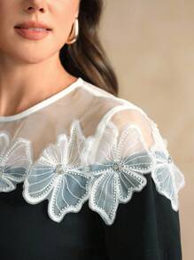Flouryn Gaun Hitam Kasual Wanita Ukuran Besar dengan Motif Bunga Renda dan Jala, Cocok untuk Wanita Kenakan di Musim Panas, Musim Semi/Musim Panas/Musim Gugur - Hitam - View 2