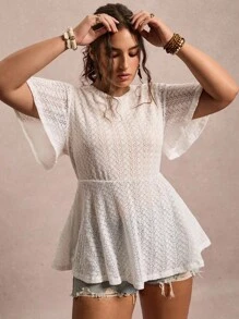 SHEIN VCAY Plus Size Casual Solid Color Textured Short Sleeve T-Shirt White Babydoll Top White Mesh Top Lace Top - Beige - View 3