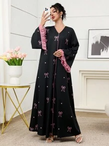 Yasmyna 女式蝴蝶结印花V领喇叭袖宽松阿拉伯风格连衣裙 - 粉色 - 查看 4