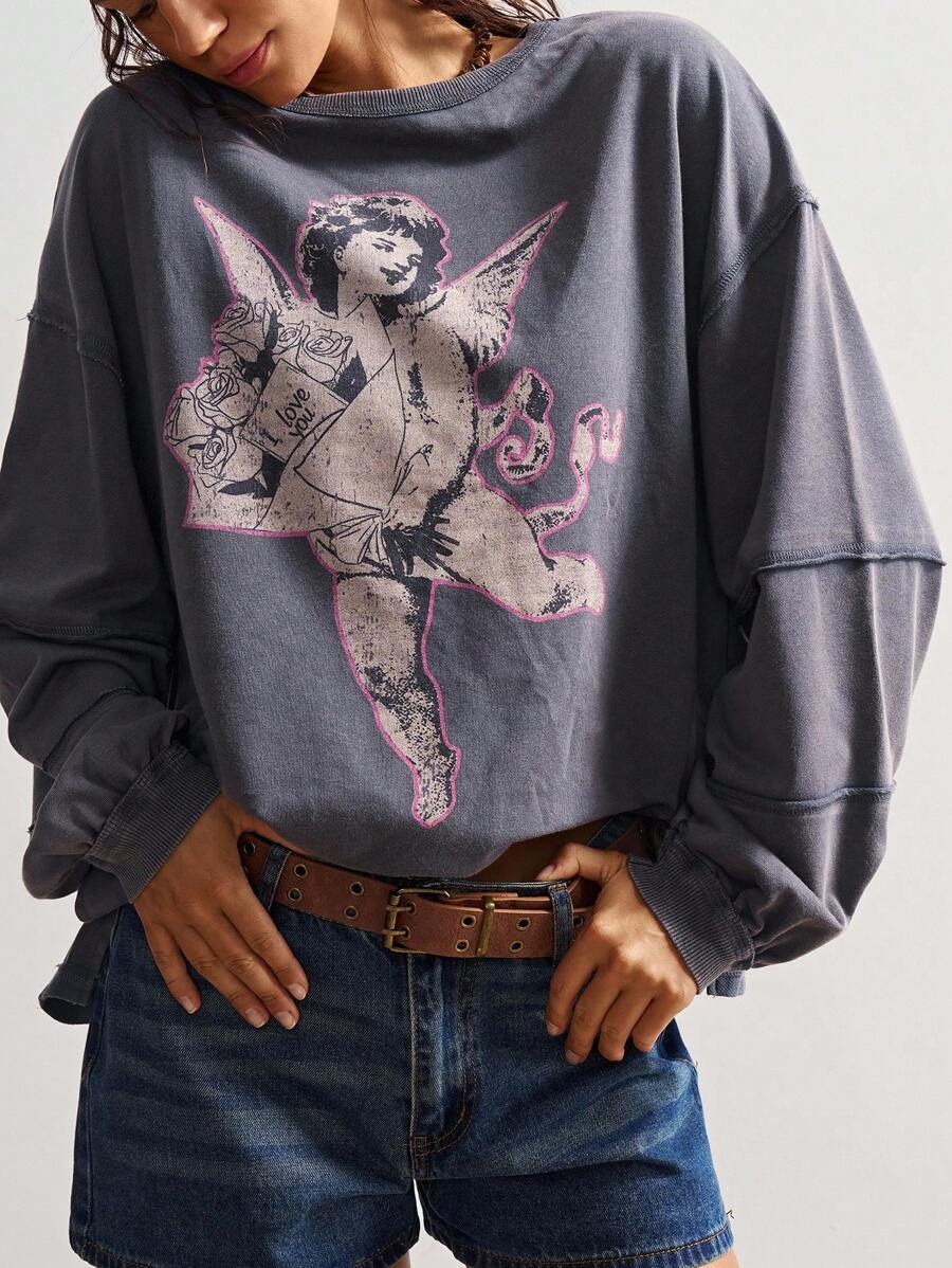 Bohemela Moletom feminino casual de malha com gola redonda, cor sólida, solto e lavado, grande, outono/inverno