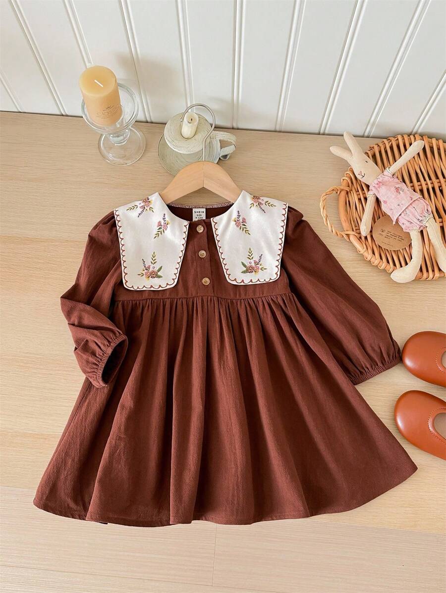 SHEIN LMoss Kids Vestido de manga comprida com gola Peter Pan e estampa floral vintage LMoss Baby Girl, outono/inverno - Ferrugem Marrom - Ver 1