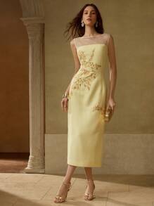 MOTF PREMIUM 女士优雅刺绣植物亮片细节撞色网眼透明育克舞会礼服 - 黃色 - 查看 1