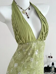 Elamini Vestido mini elegante de verano para mujer con tirantes de lazo, plisado, parches bordados con lentejuelas y espalda descubierta en color verde menta - verde menta - Ver 4