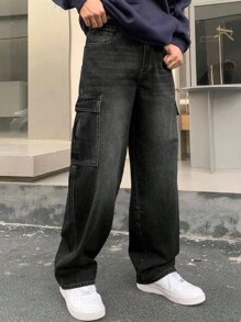 DAZY 男士纯色休闲宽松工装牛仔裤，秋季 - 黑色 - 查看 3
