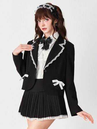 J-Fashion Women's Contrast Lace Lapel NeckBow Decor Long Sleeve Fashion Blazer