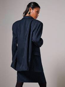 COSMINA 女士条纹翻领长袖夹克和迷你裙休闲套装，秋冬女士办公室服装 - 黑與白 - 查看 2