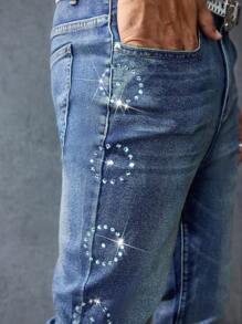 ROMWE MEN Street Life Men's Rhinestone Embellished Pocket Flared Casual Jeans - Blue - View 2
