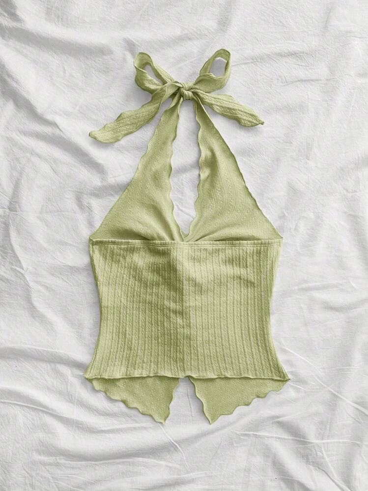 Soleia Áo tank top cỡ lớn dành cho nữ, chất liệu có họa tiết, kiểu dáng thắt nút, xếp nếp, buộc dây sau cổ, thích hợp cho kỳ nghỉ. - Màu xanh Bạc hà - Xem 2