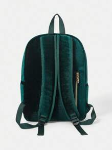 HARRY POTTER X SHEIN Mochila de moda de terciopelo verde oscuro acolchada con bordado de serpiente y letra para volver a la escuela - Verde - Ver 4