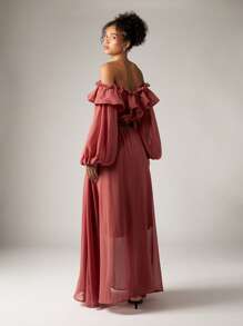 AiiRZ Off Shoulder Ruffle Maxi Dress Long Balloon Sleeve Empire Waist Special Occasion Flowy Chiffon Gown Wedding Guest Party Evening Formal Dress - Pink - View 2